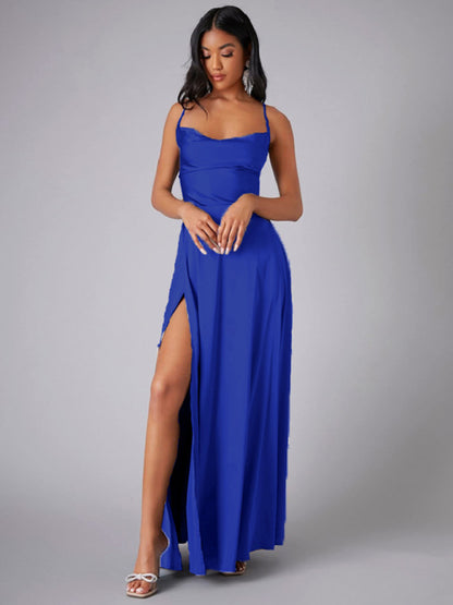 Slim Fit Backless Skinny Halter Side Slit Maxi Dress