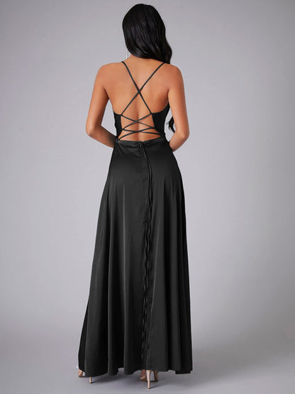 Slim Fit Backless Skinny Halter Side Slit Maxi Dress