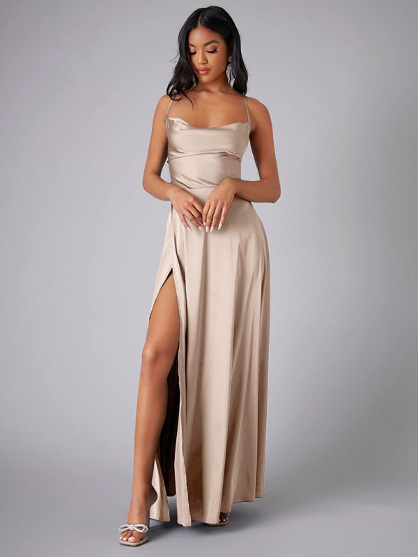 Slim Fit Backless Skinny Halter Side Slit Maxi Dress