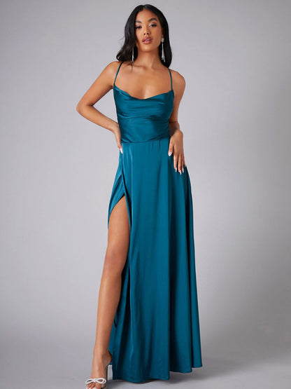 Slim Fit Backless Skinny Halter Side Slit Maxi Dress