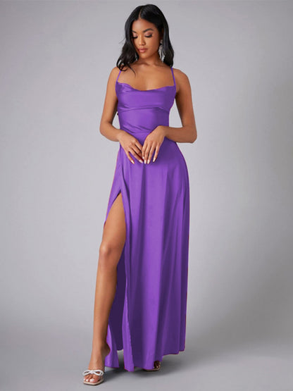 Slim Fit Backless Skinny Halter Side Slit Maxi Dress