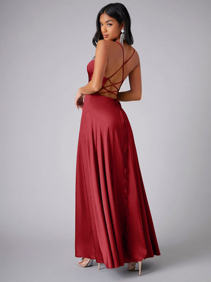 Slim Fit Backless Skinny Halter Side Slit Maxi Dress