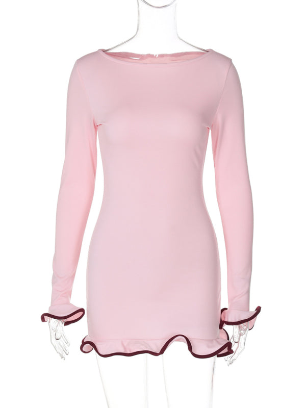 Long Sleeve Tight-fit Ruffle Hem Mini Dress