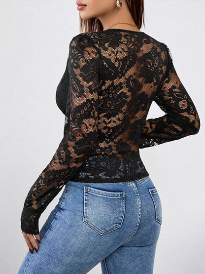 Black Lace Sexy Deep-V Long Sleeve Top