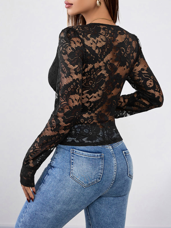 Black Lace Sexy Deep-V Long Sleeve Top