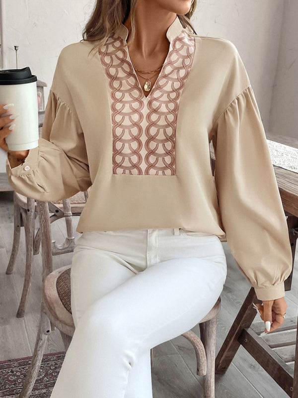 Long-sleeved Stand-up Collar Ethnic Style Printed Blouse