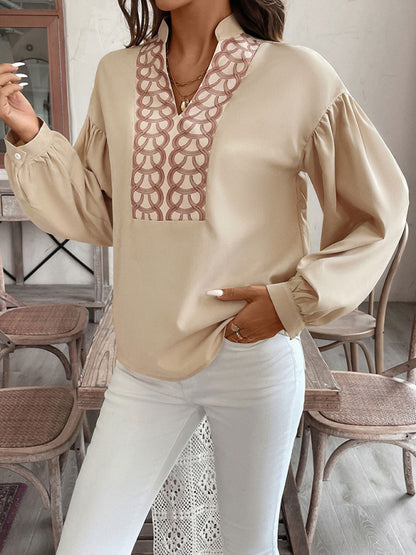 Long-sleeved Stand-up Collar Ethnic Style Printed Blouse