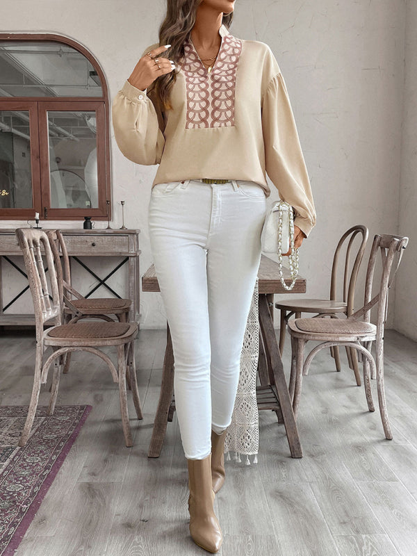 Long-sleeved Stand-up Collar Ethnic Style Printed Blouse