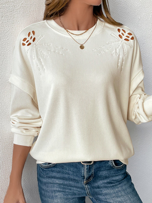 Round Neck Casual Long-sleeve Pullover Embroidery Stitching Top