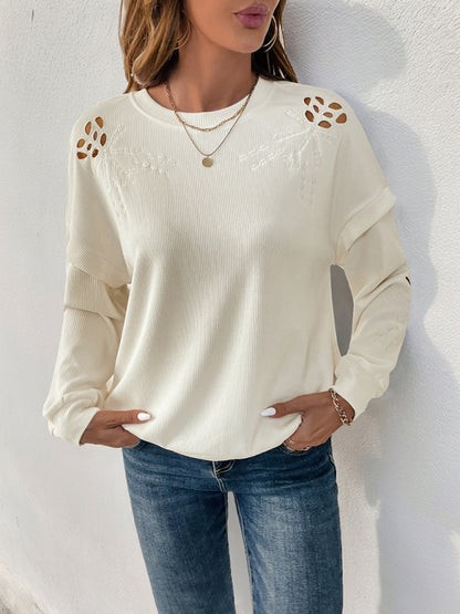 Round Neck Casual Long-sleeve Pullover Embroidery Stitching Top