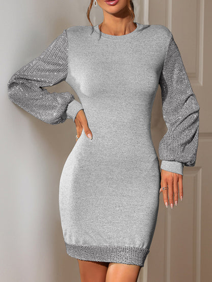 Misty Grey Sequin Sweater Party Mini Dress