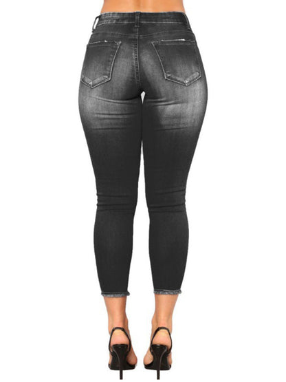 High Waist Straight Pocket Stretch Ripped Jeans