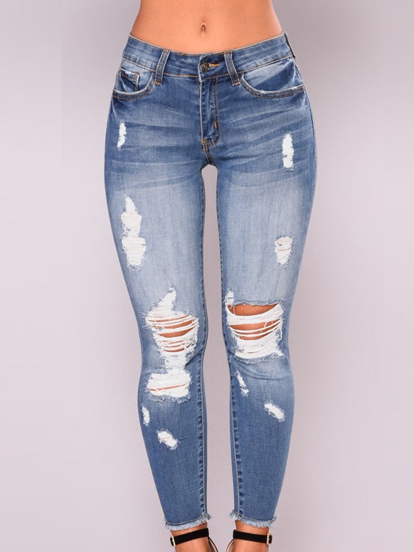 High Waist Straight Pocket Stretch Ripped Jeans