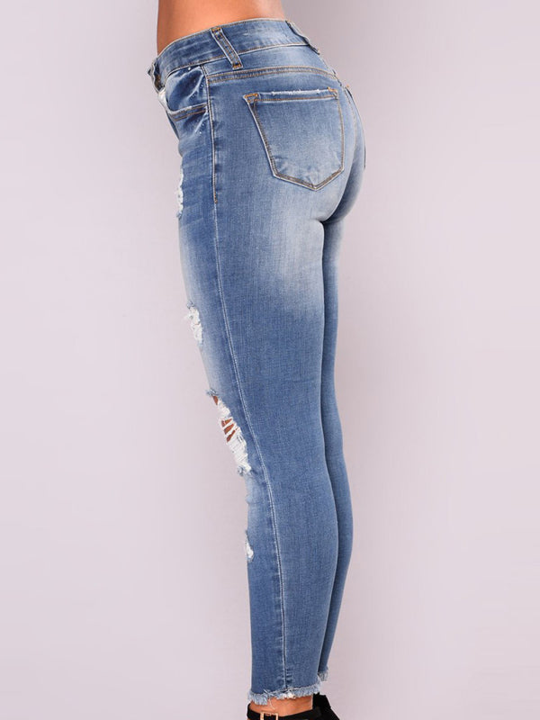 High Waist Straight Pocket Stretch Ripped Jeans