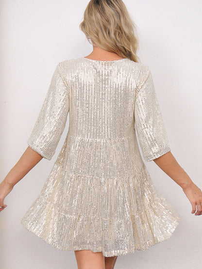 Short Sleeve Sequined Banquet Mini Dress