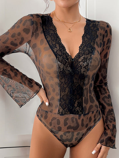 Leopard Print Sexy Mesh Splicing Trumpet Sleeve Bodysuit