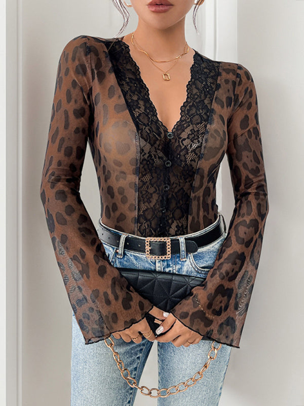 Leopard Print Sexy Mesh Splicing Trumpet Sleeve Bodysuit