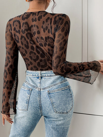 Leopard Print Sexy Mesh Splicing Trumpet Sleeve Bodysuit