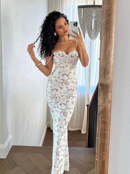 White Lace Sweetheart Neck Halter Maxi Party Dress