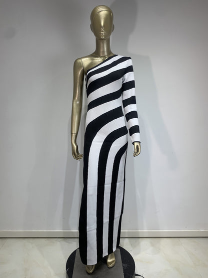 Zebra Print One-shoulder Long Sleeve Bare Leg Bandage Dress