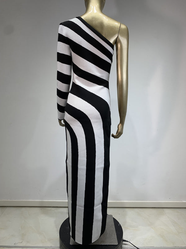 Zebra Print One-shoulder Long Sleeve Bare Leg Bandage Dress