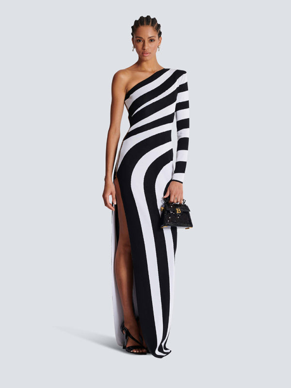 Zebra Print One-shoulder Long Sleeve Bare Leg Bandage Dress