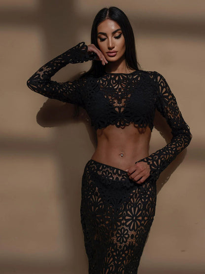 Hollow Lace Long Sleeve Crop Top & Maxi Skirt Set