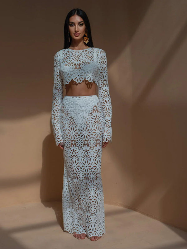 Hollow Lace Long Sleeve Crop Top & Maxi Skirt Set