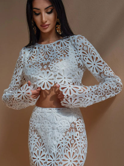 Hollow Lace Long Sleeve Crop Top & Maxi Skirt Set