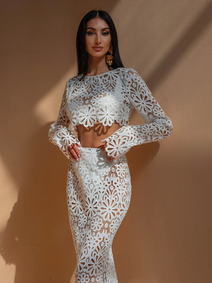 Hollow Lace Long Sleeve Crop Top & Maxi Skirt Set