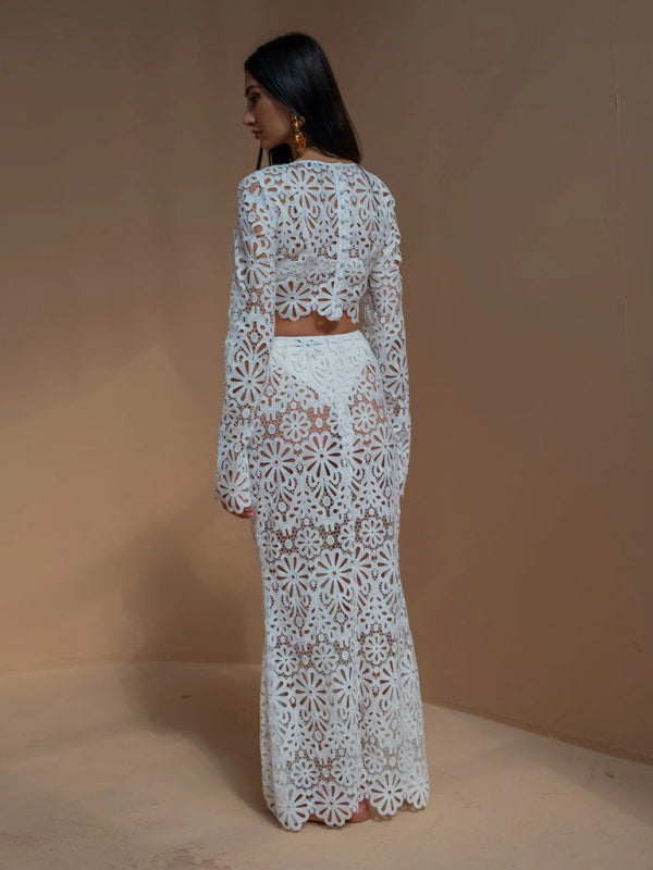 Hollow Lace Long Sleeve Crop Top & Maxi Skirt Set