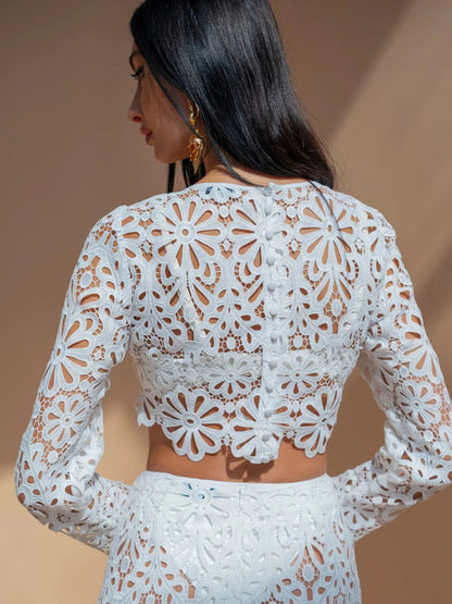 Hollow Lace Long Sleeve Crop Top & Maxi Skirt Set