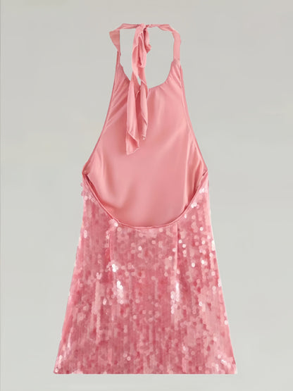 Pink Hot Girl Backless Sexy Sequin Halter Party Dress