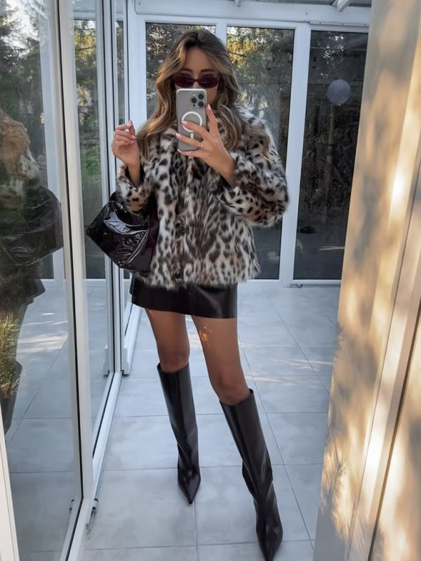 Wild Leopard Print Short Lapel Furry Coat