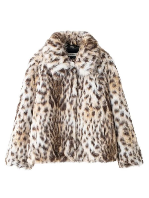 Wild Leopard Print Short Lapel Furry Coat