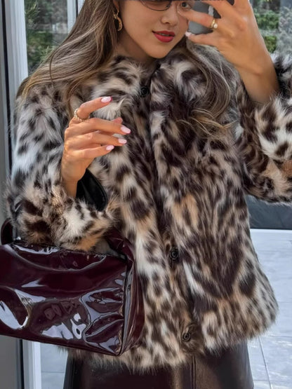 Wild Leopard Print Short Lapel Furry Coat