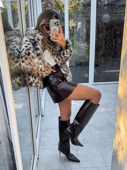 Wild Leopard Print Short Lapel Furry Coat