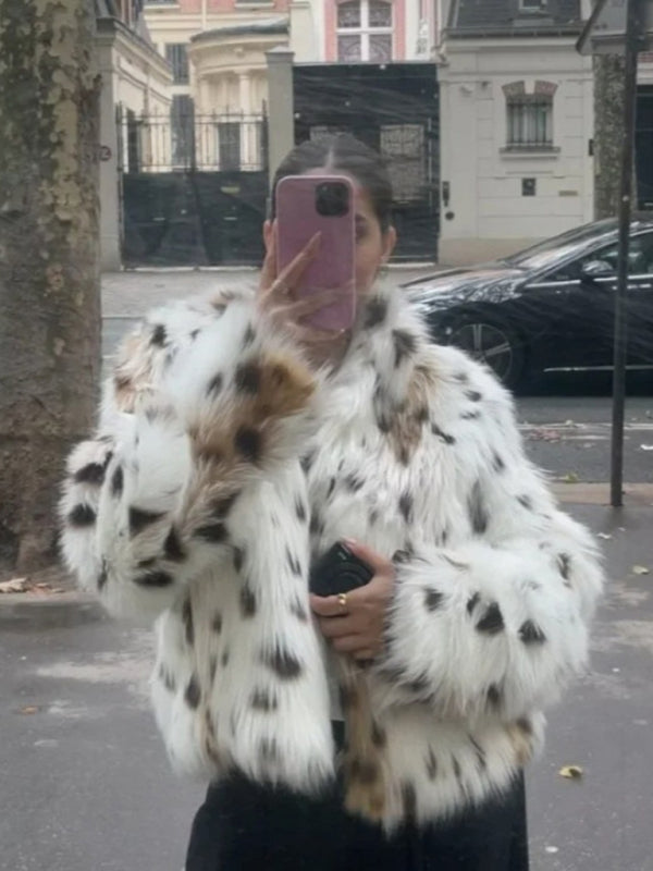 Waist Length Spotted Faux Fur Jacket