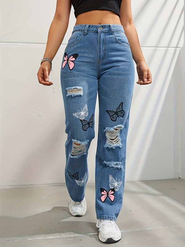 Butterfly Printed Ripped Fashion Straight High Waist Contrast Denim Jeans