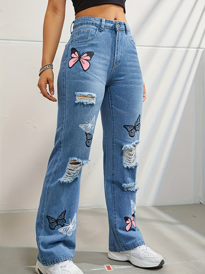 Butterfly Printed Ripped Fashion Straight High Waist Contrast Denim Jeans