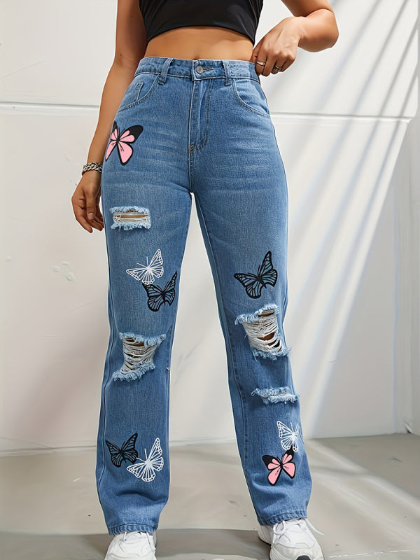 Butterfly Printed Ripped Fashion Straight High Waist Contrast Denim Jeans