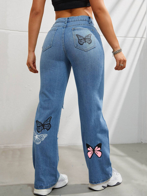 Butterfly Printed Ripped Fashion Straight High Waist Contrast Denim Jeans