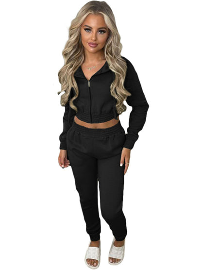 Plush Cropped Hoodies with Sportswear Casual Jogger Set