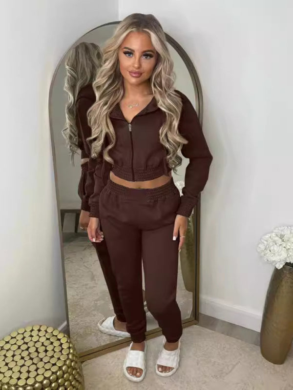 Plush Cropped Hoodies with Sportswear Casual Jogger Set