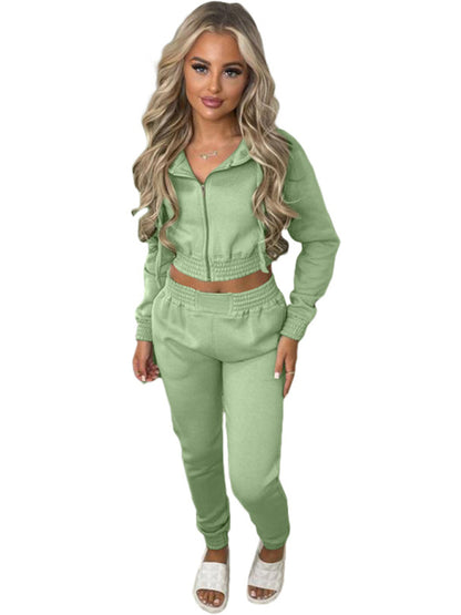 Plush Cropped Hoodies with Sportswear Casual Jogger Set