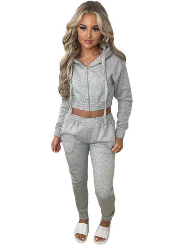 Plush Cropped Hoodies with Sportswear Casual Jogger Set