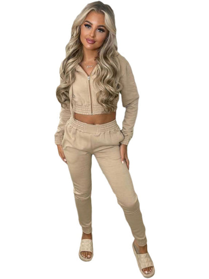 Plush Cropped Hoodies with Sportswear Casual Jogger Set