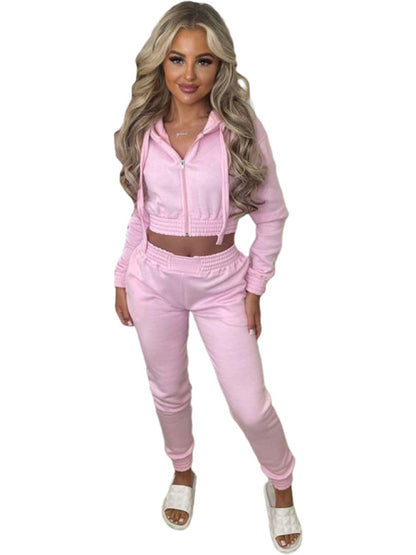 Plush Cropped Hoodies with Sportswear Casual Jogger Set