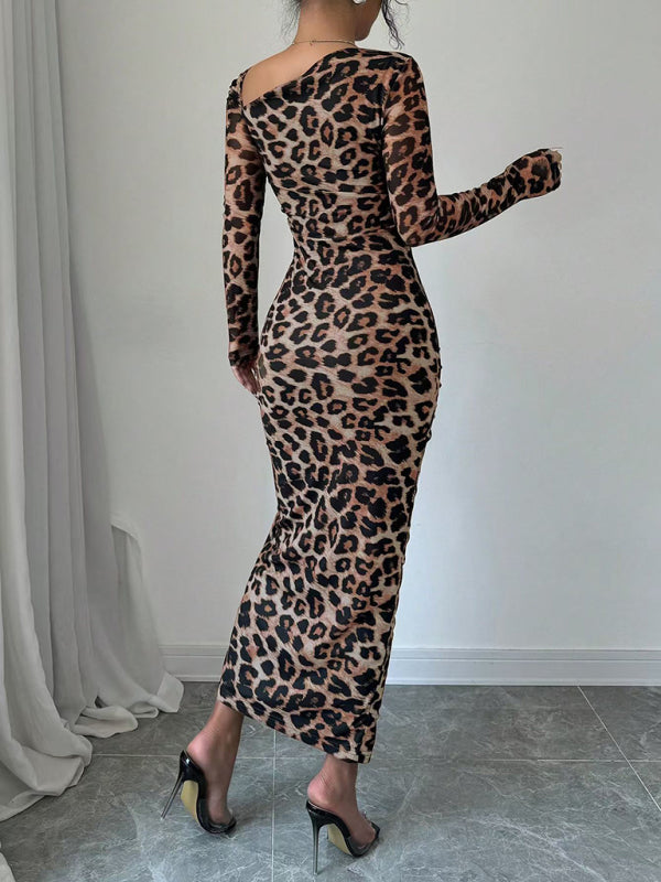 Long Sleeve Asymmetrical Neck Leopard Print High Waist Midi Dress