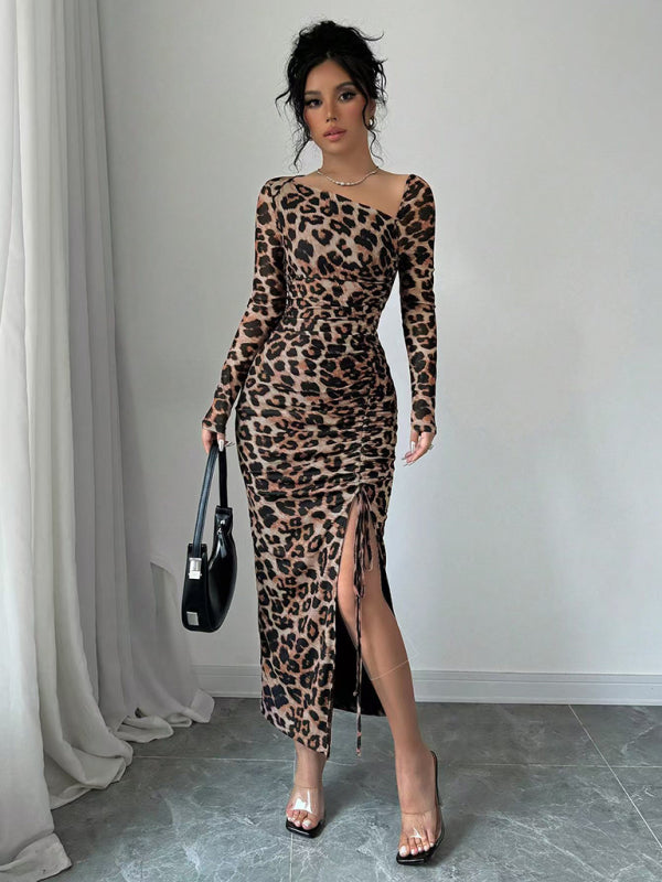 Long Sleeve Asymmetrical Neck Leopard Print High Waist Midi Dress